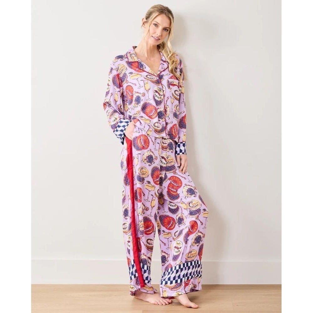 Printfresh Eco Satin Rittenhouse Pajama Set Champagne Caviar Lavender XL